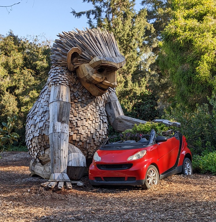 Rosa Sunfinger, by Thomas Dambo - a large troll made of reclaimed material kneeling over a small car repurposed as a flower bed